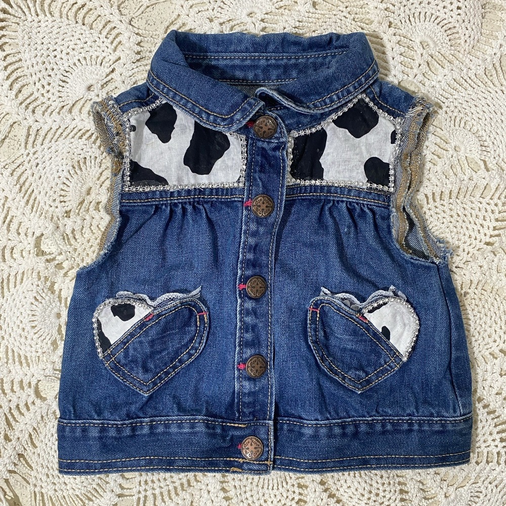 OshKosh B'gosh Toddler Girl Jewel & Lace Trimmed Cow Print Denim Vest Size 2T